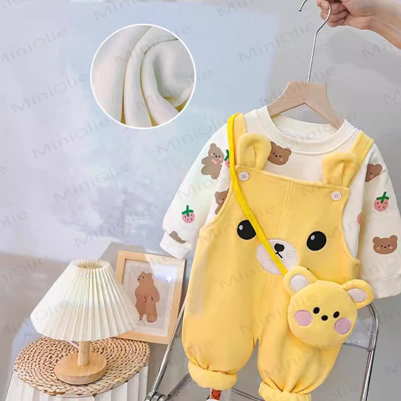 Baby Girl Fleece Printed Top and Bear Overalls Set with Bag - Yellow - 3-4T - image 1