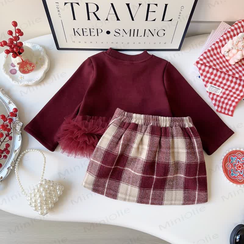 Toddler Girl Bow Long Sleeve Top and Plaid  Skirt 2-piece Set - image 2