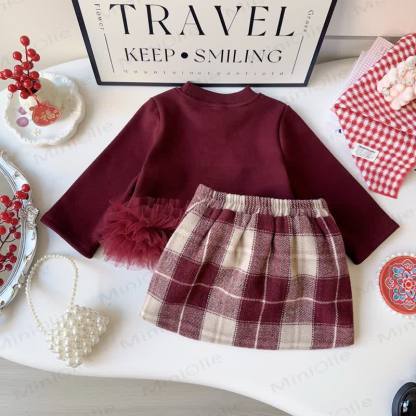 Toddler Girl Bow Long Sleeve Top and Plaid  Skirt 2-piece Set - image 2