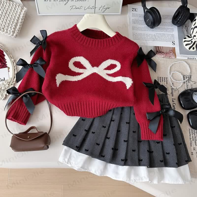 Toddler Girl Bow Knit Sweater and Pleated Skirt 2-piece Set - Red - 7-8T - image 1