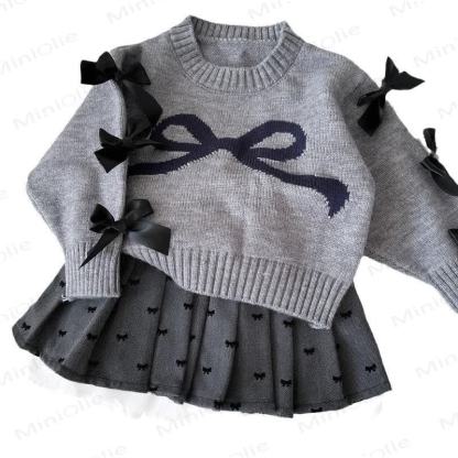 Toddler Girl Bow Knit Sweater and Pleated Skirt 2-piece Set - Gray - 7-8T - image 2