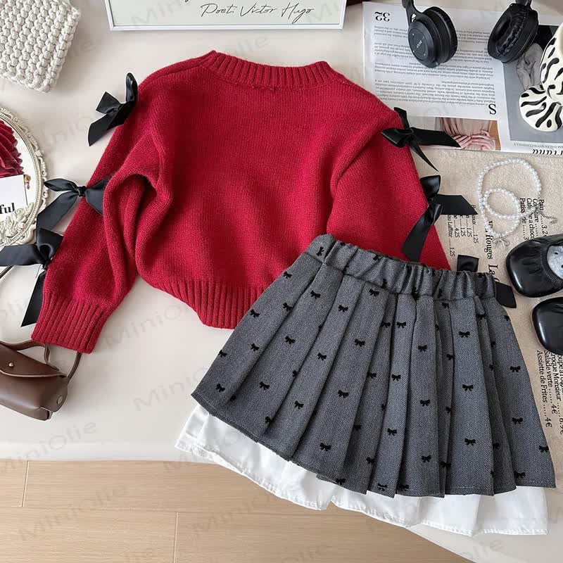 Toddler Girl Bow Knit Sweater and Pleated Skirt 2-piece Set - image 3