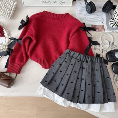 Toddler Girl Bow Knit Sweater and Pleated Skirt 2-piece Set - image 3