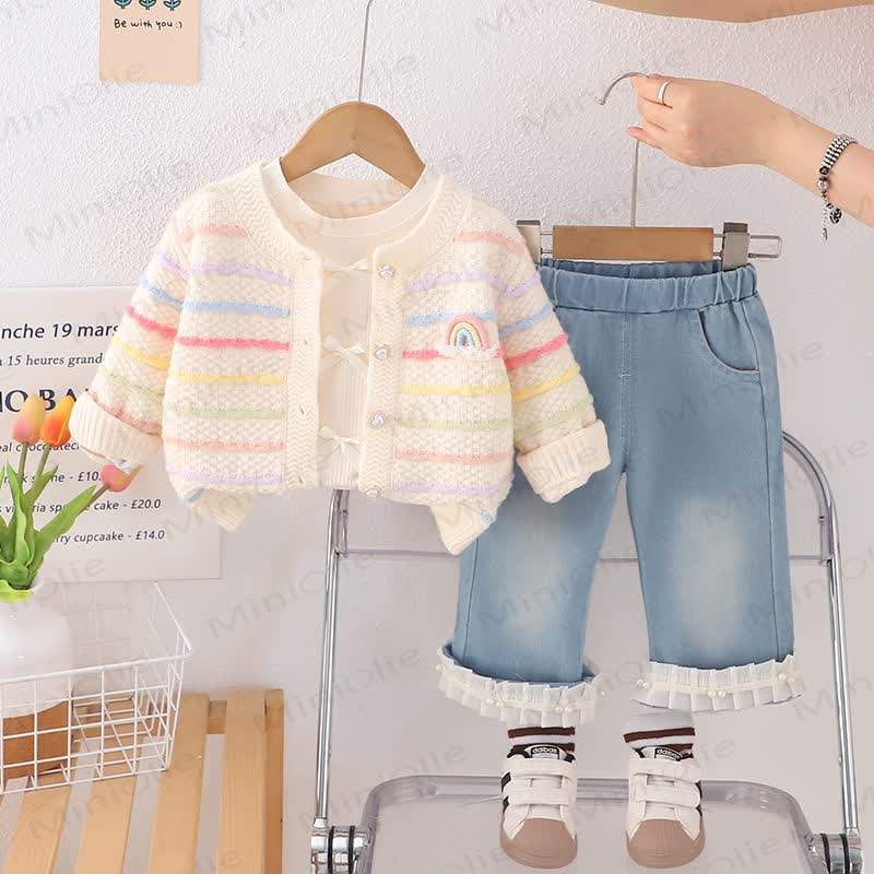 Toddler Girl Rainbow Knit Cardigan and Denim Pants 3-piece Set - Beige - 4-5T - image 3