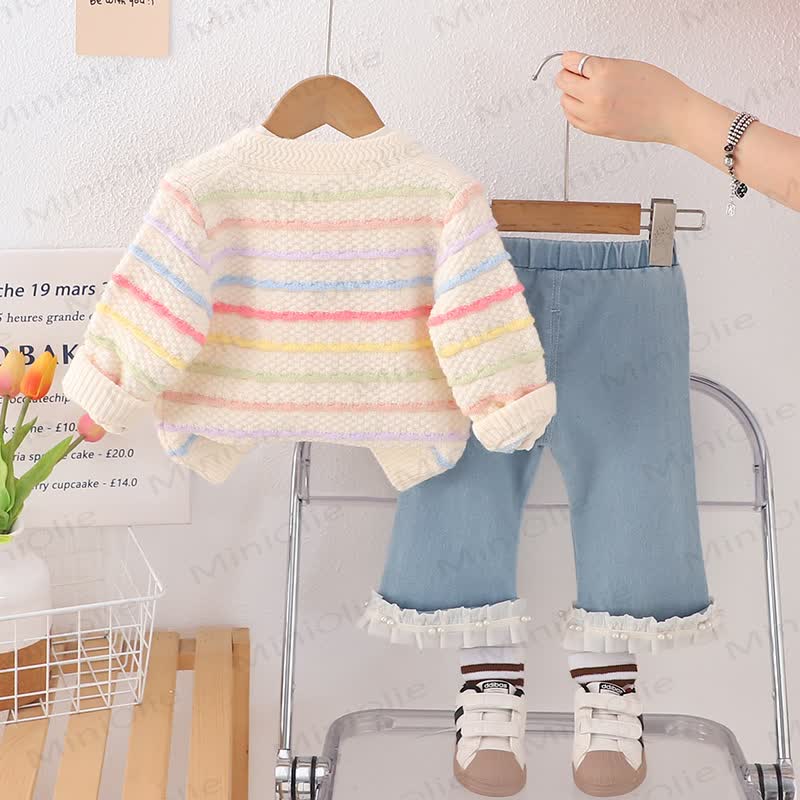 Toddler Girl Rainbow Knit Cardigan and Denim Pants 3-piece Set - image 4