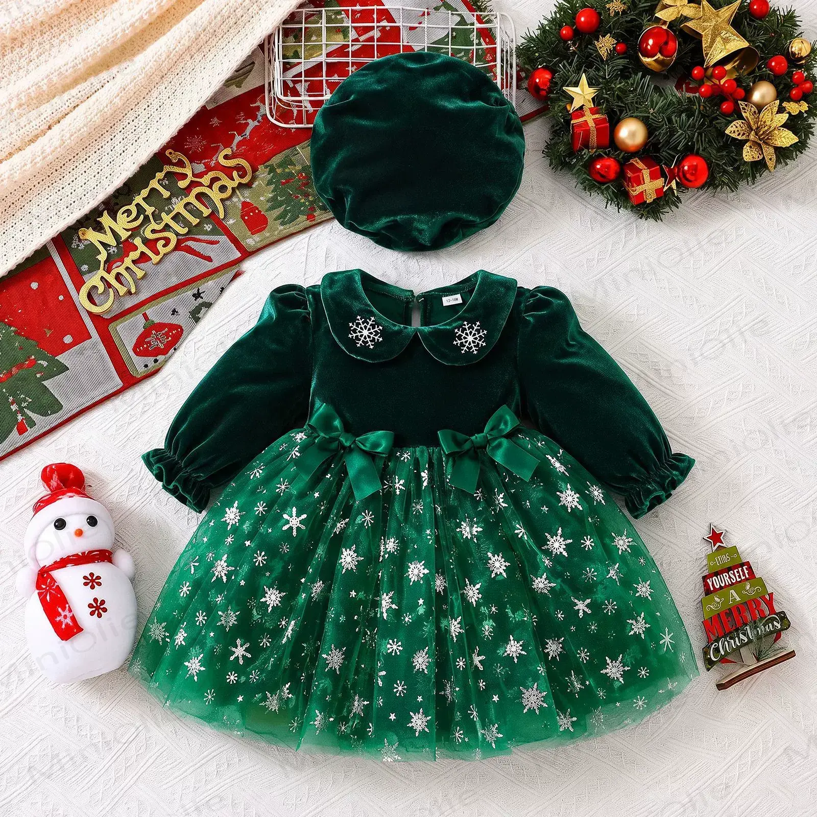 Baby Toddler Girl Christmas Velvet Snowflake Dress with Hat - Green - 4-5Y - image 2