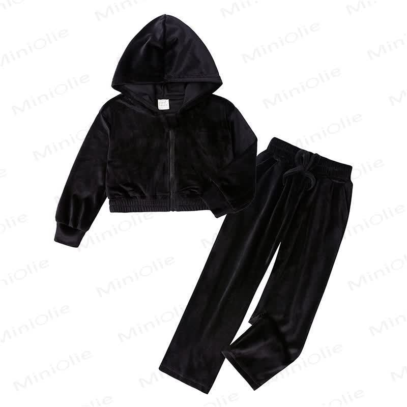 Toddler Soft Velour Zip Hoodie and Pants 2-piece Set - Black - 11-12T - image 4
