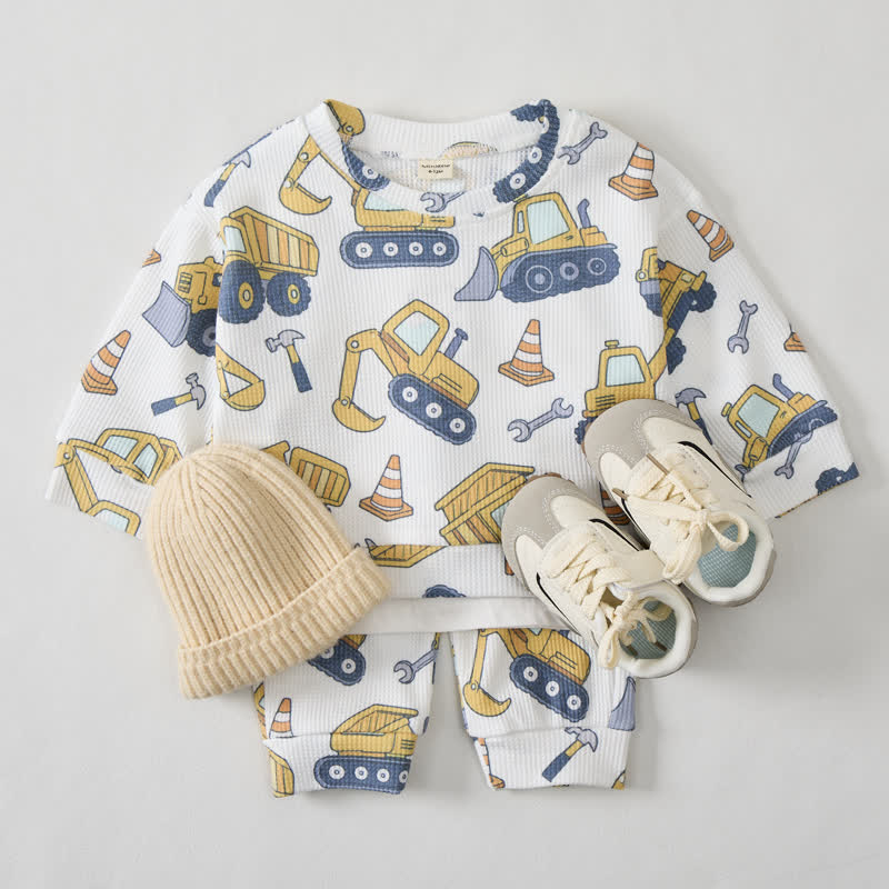 Baby White Construction Vehicle Print Waffle 2-piece Set - White - 2-3T - image 1
