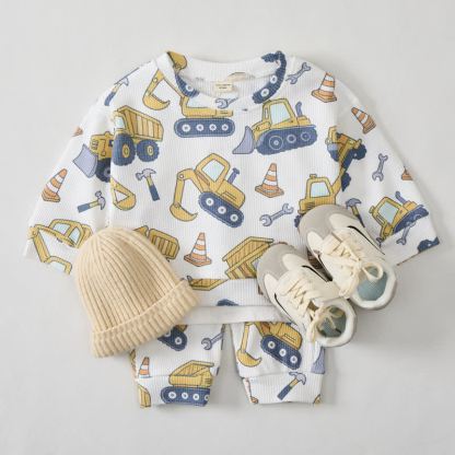 Baby White Construction Vehicle Print Waffle 2-piece Set - White - 2-3T - image 1