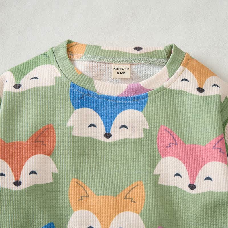 Baby Green Multicolor Cartoon Fox Print Waffle 2-piece Set - image 2