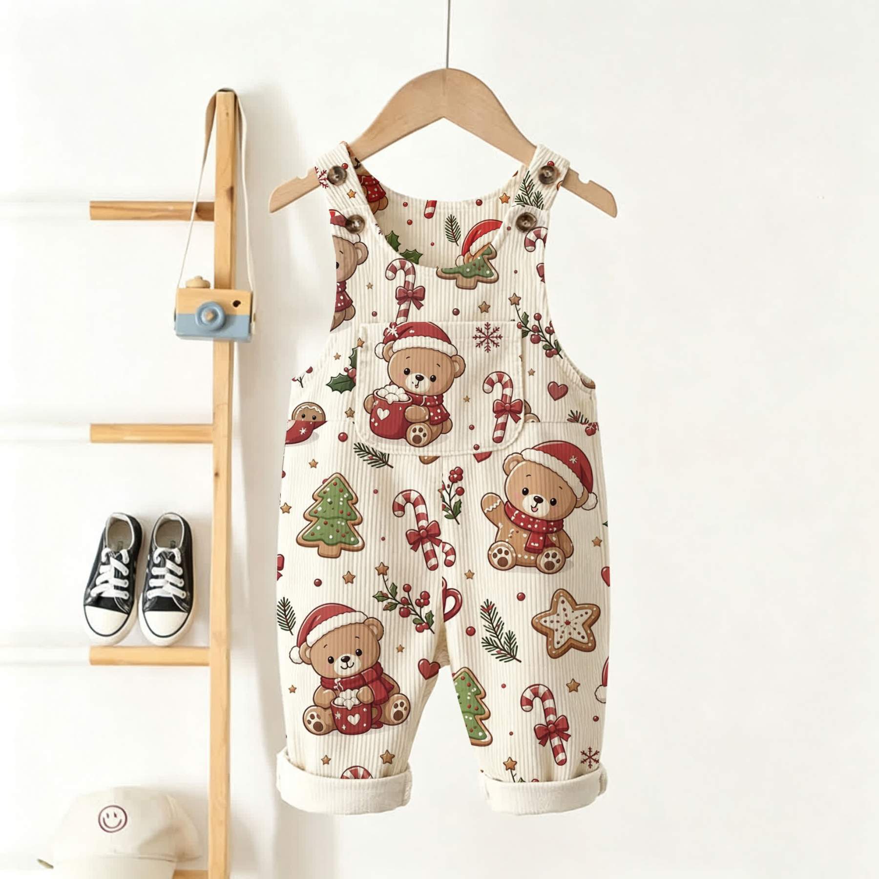 Baby Toddler Christmas Bear Print Corduroy Overalls - Beige - 3-5T - image 1