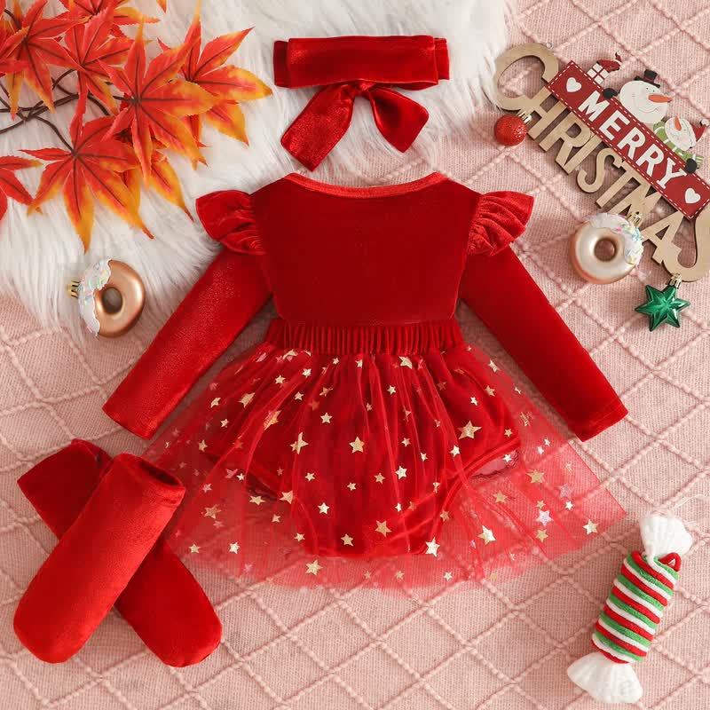 Baby Christmas Star Velvet Tulle Flutter Sleeves Dress - image 4
