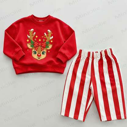 Baby Christmas Deer Red Vertical Striped 2-piece Set - White&Red - 2-3T - image 1