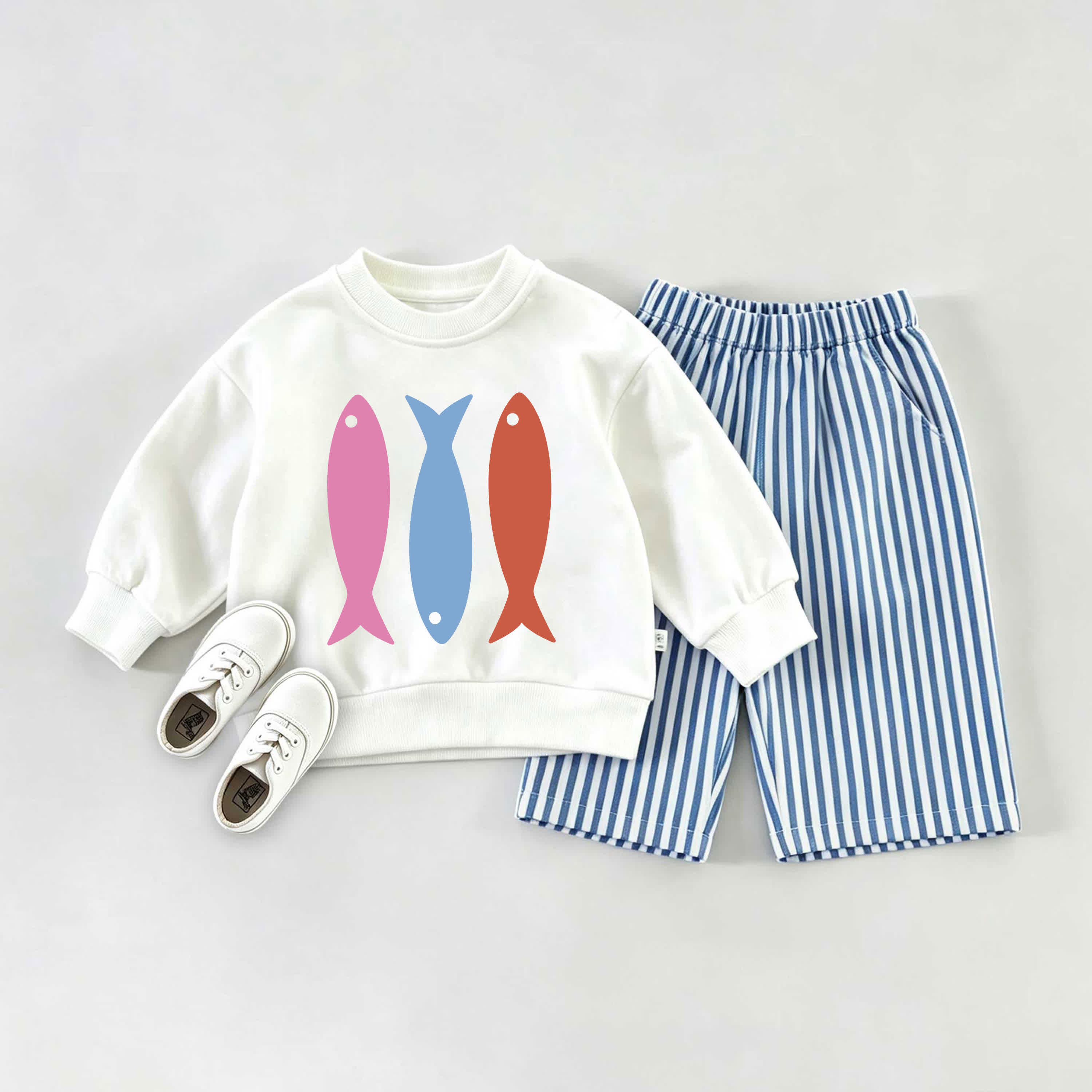  Baby Colorful Fish Sweatshirt and Striped Pants Set - White&Blue - 2-3T - image 1