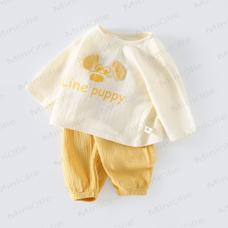 Baby Cartton Applique Gauze Long Sleeve 2-piece Set - Yellow Puppy - 2-3T - image 2