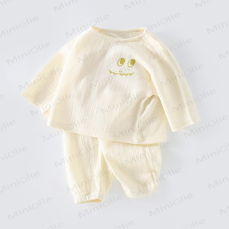 Baby Cartton Applique Gauze Long Sleeve 2-piece Set - Beige Dino - 2-3T - image 3