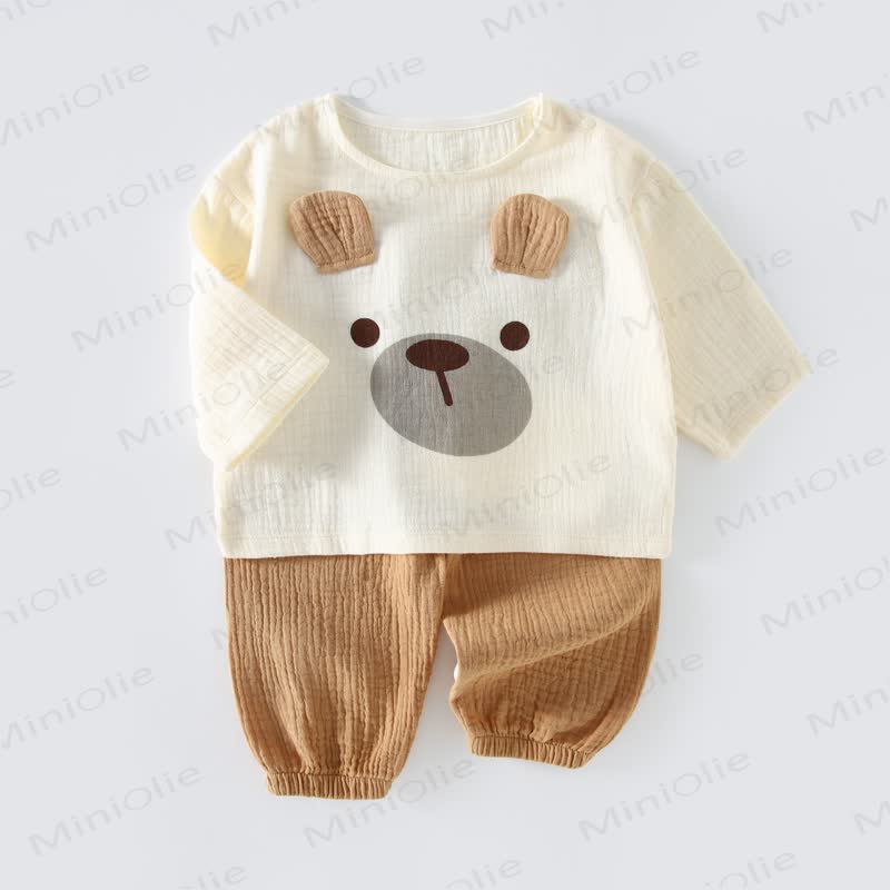 Baby Cartton Applique Gauze Long Sleeve 2-piece Set - Brown Bear - 2-3T - image 5