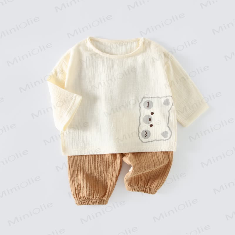 Baby Cartton Applique Gauze Long Sleeve 2-piece Set - Beige Bear - 2-3T - image 8