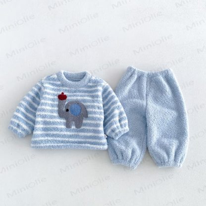 Baby Toddler Cozy Striped Fleece Animal Lounge 2-piece Set - Blue - 4-5T - image 2