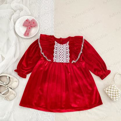 Toddler Girl Christmas Red Velvet Lace Dress - image 3