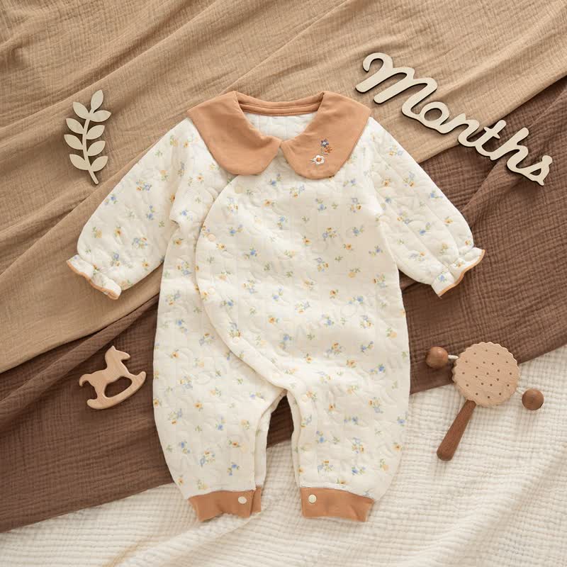 Baby Quilted Bear Long Sleeve Onesie - Beige Flower - 18-24M - image 6