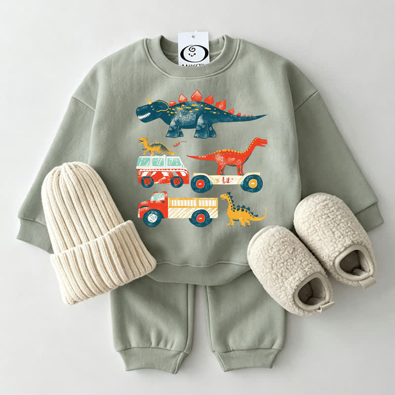 Baby Car and Dino Print Grey Green Sweatshirt 2-piece Set - Grey Green - 2-3T - image 1