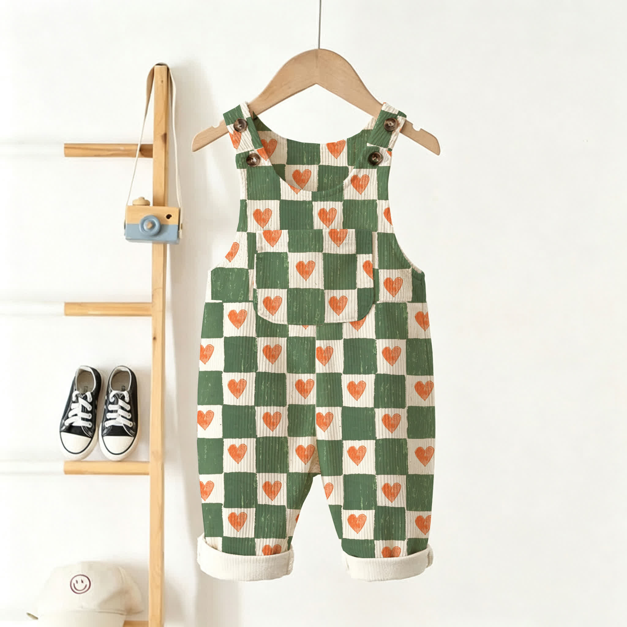 Baby Toddler Heart Checkered Corduroy Overalls - Beige - 3-5T - image 1