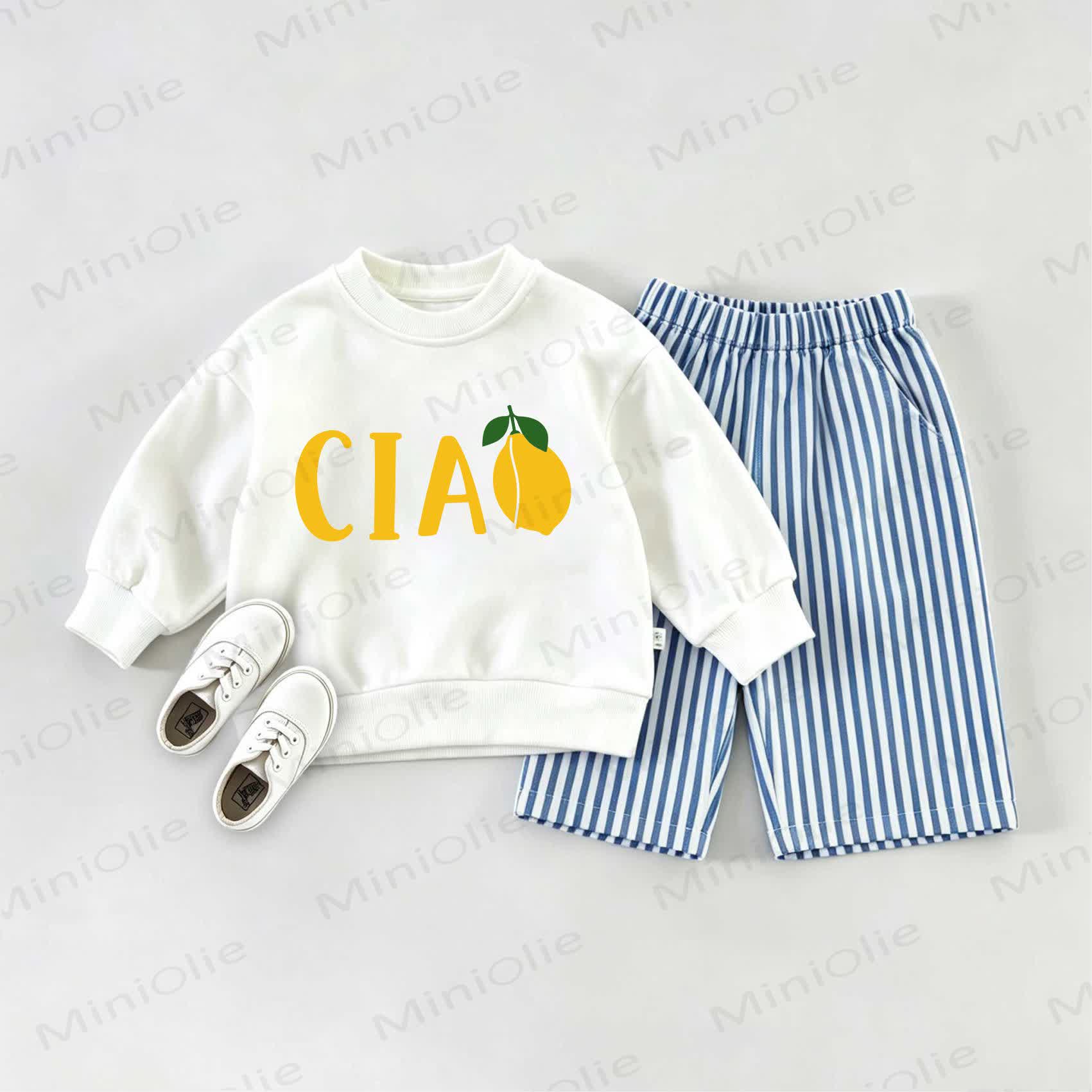 CIAO Baby Lemon Sweatshirt and Striped Pants Set - White&Blue - 2-3T - image 1