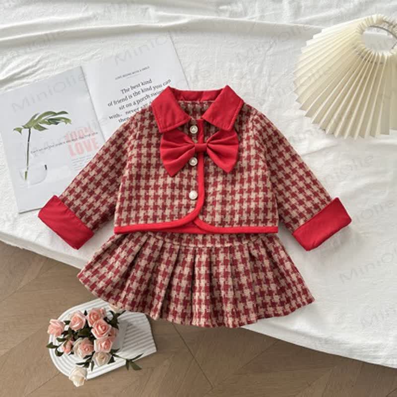 Toddler Girl Red Plaid Bow Pleated Skirt 2-piece Set - Red - 8-9T - image 1