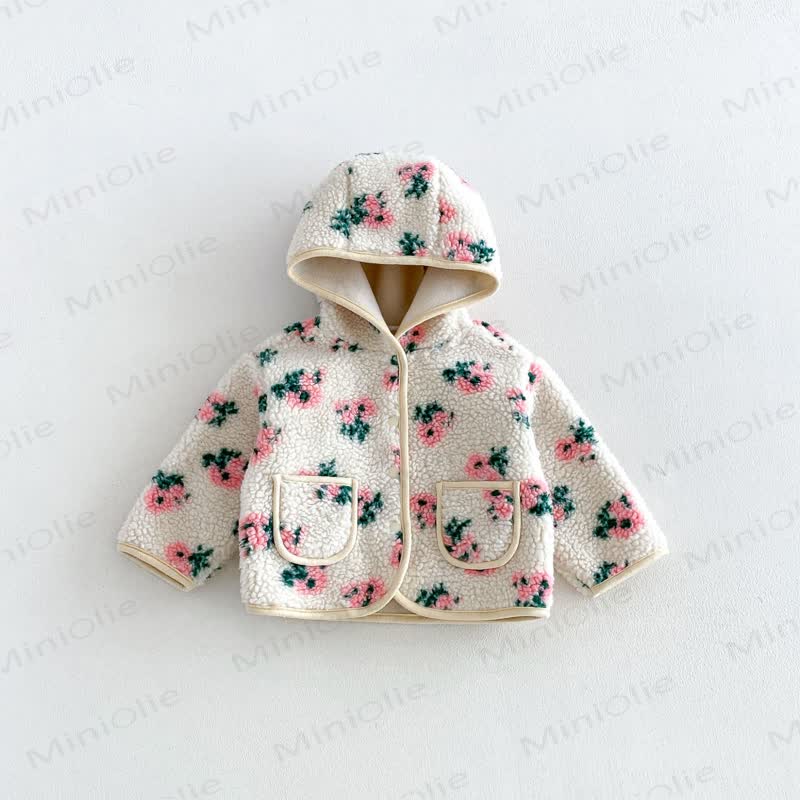 Baby Toddler Girl Floral Fleece Hooded Jacket - Beige - 6-7T - image 5