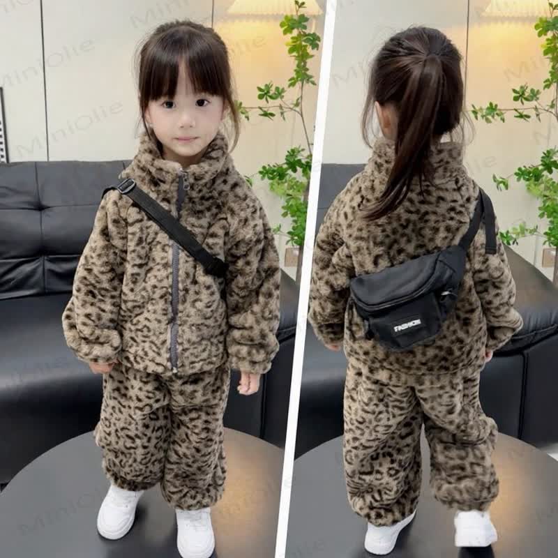 Toddler Girl Leopard Print Fleece Jacket and Pants 2-piece Set - Brown - 10-11T - image 2