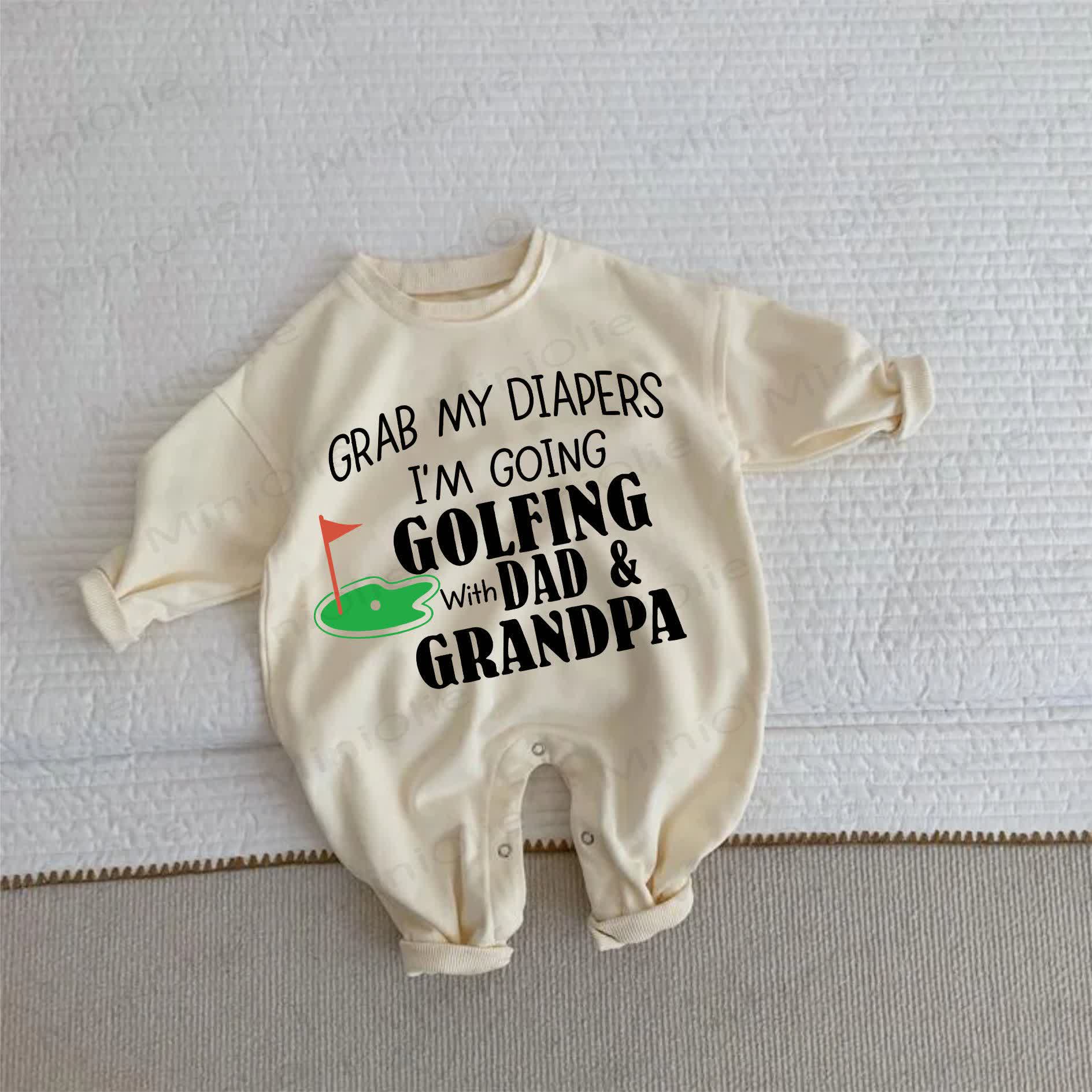 GRAB MY DIAPERS I'M GOING GOLFING WITH DAD & GRANDPA Baby Golf Beige Romper - Beige - 2-3T - image 1