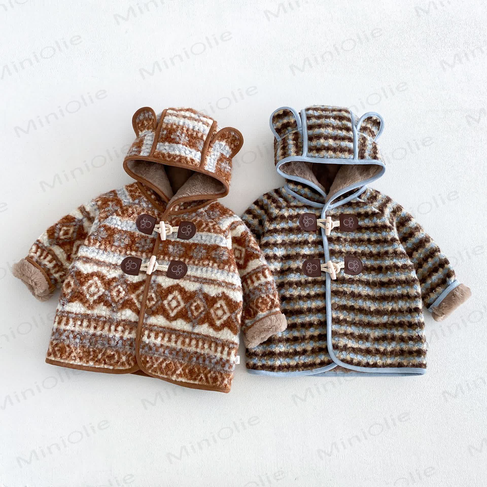Baby Toddler Boy Bear Ears Stripe Fleece Hooded Outerwear - image 1