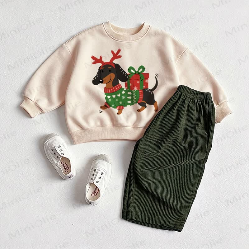 Baby Christmas Puppy Sweatshirt and Pants 2-piece Set - Beige&Green - 2-3T - image 1