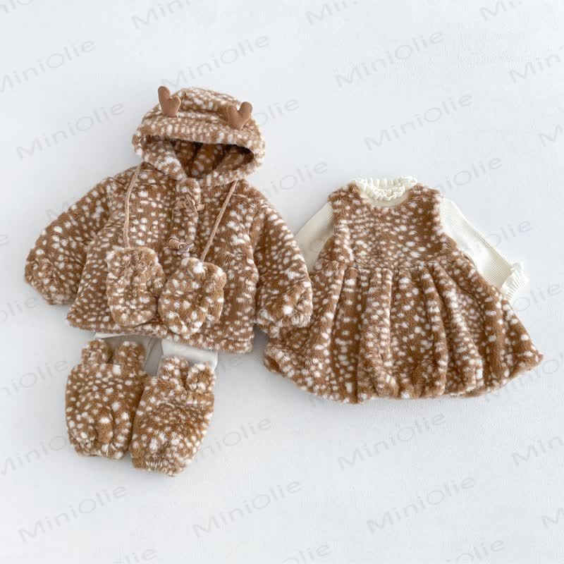 Baby Toddler Quilted Deer Dot Brown Hooded Outerwear Or Beige Leggings Or Beige Sweater Or Brown Sleeveless Dress Or Brown Boot Covers - image 2