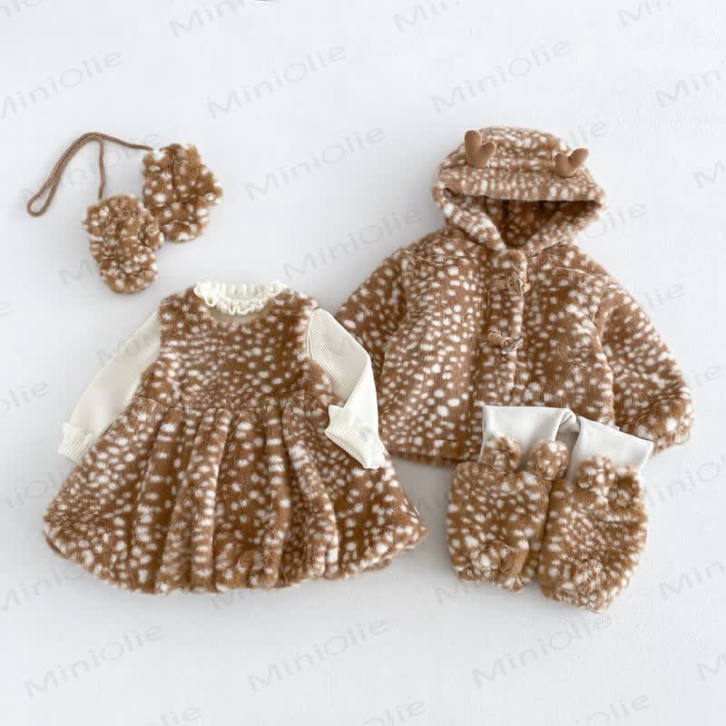 Baby Toddler Quilted Deer Dot Brown Hooded Outerwear Or Beige Leggings Or Beige Sweater Or Brown Sleeveless Dress Or Brown Boot Covers - image 1