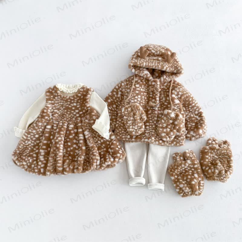 Baby Toddler Quilted Deer Dot Brown Hooded Outerwear Or Beige Leggings Or Beige Sweater Or Brown Sleeveless Dress Or Brown Boot Covers - image 9