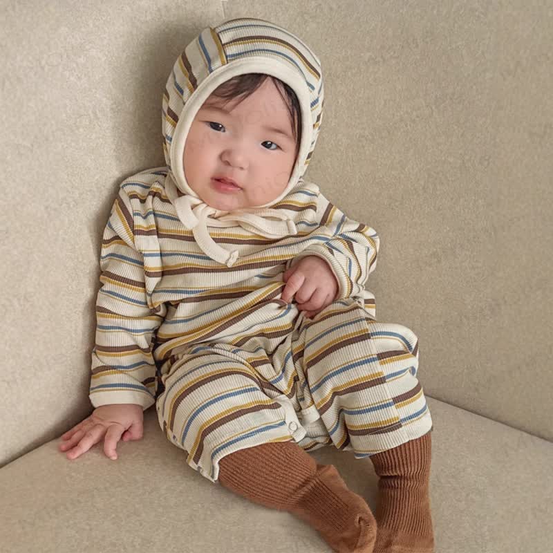 Baby Striped Romper With Matching Bonnet Or Romper Or Bonnet - image 1