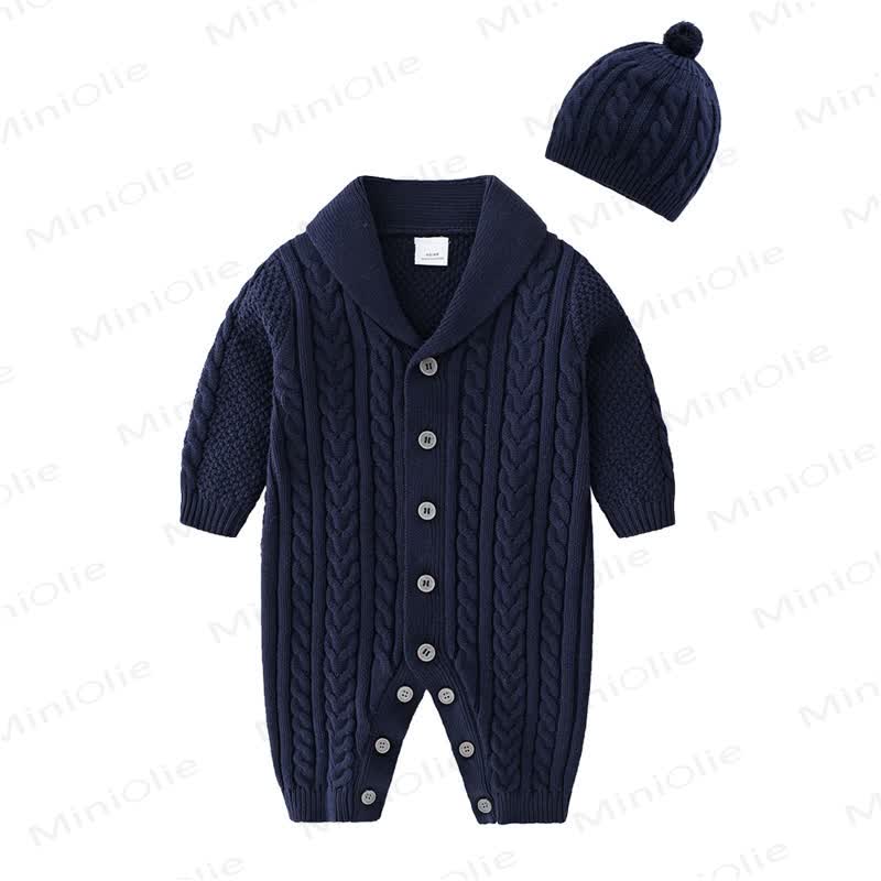Baby Ribbed Collared Romper With Hat - Navy - 18-24M - image 2