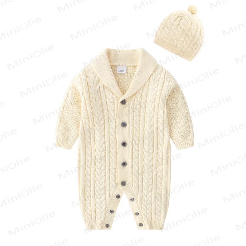 Baby Ribbed Collared Romper With Hat - Beige - 18-24M - image 6
