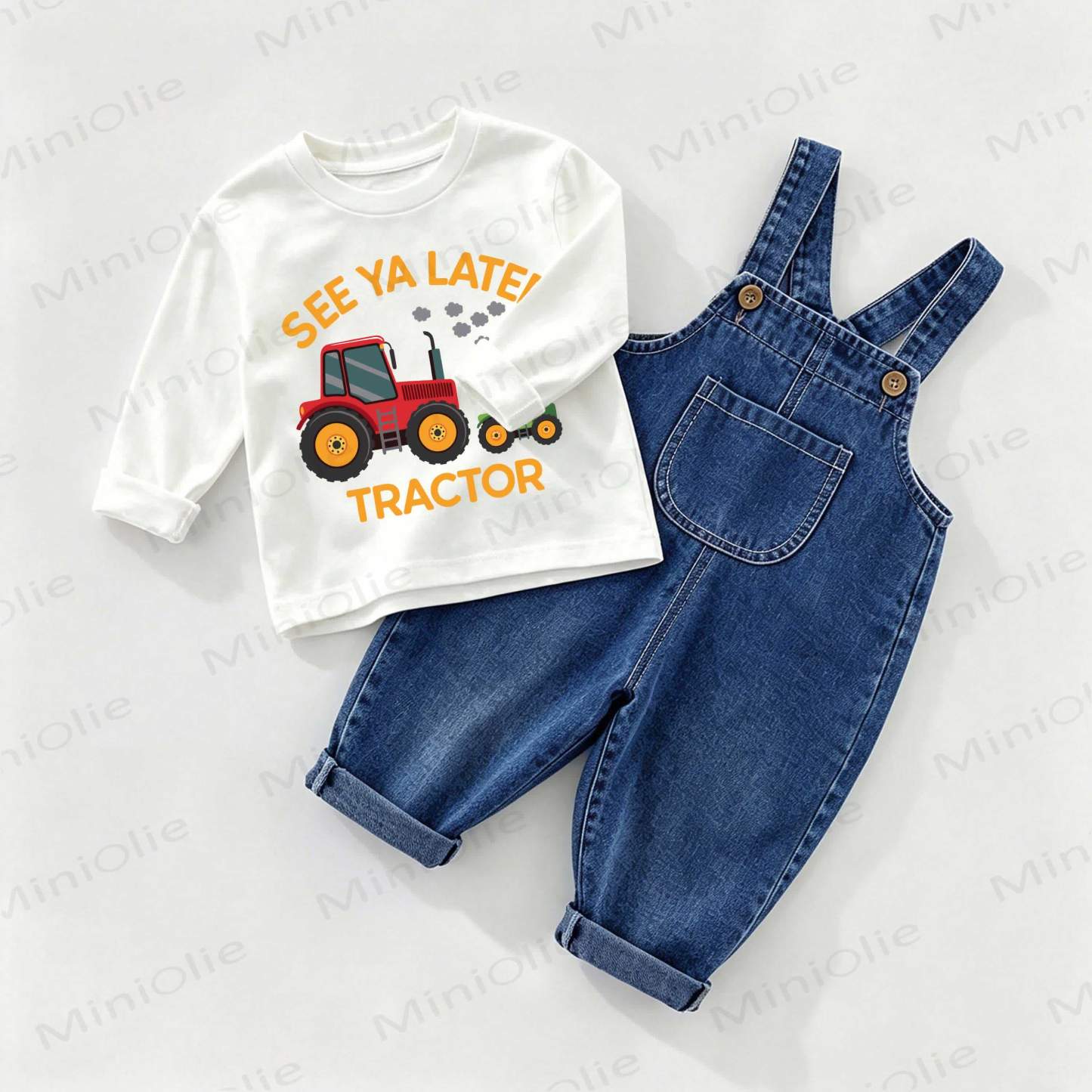SEE YA LATER TRACTOR Baby Truck Denim Overalls and Tee 2-piece Set - White&Blue - 2-3T - image 1
