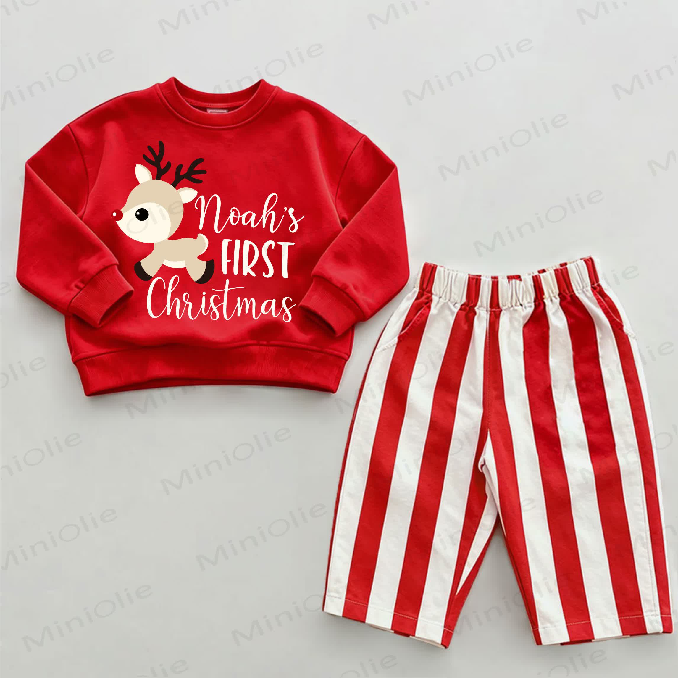  NOAH'S FIRST CHRISTMAS Baby Christmas Deer Red Vertical Striped 2-piece Set - White&Red - 2-3T - image 1