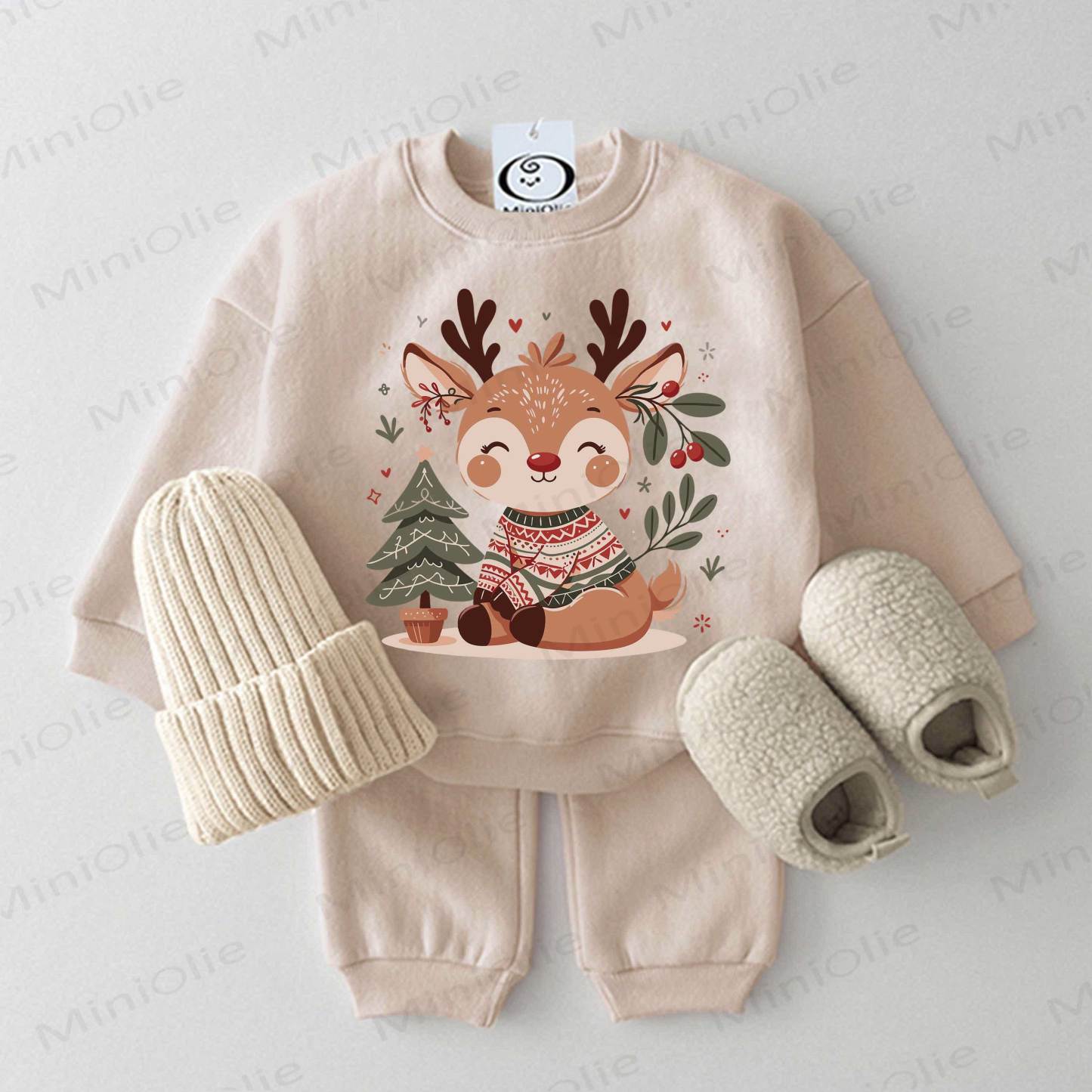  Baby Christmas Tree Deer Beige Sweatshirt 2-piece Set - Beige - 2-3T - image 1