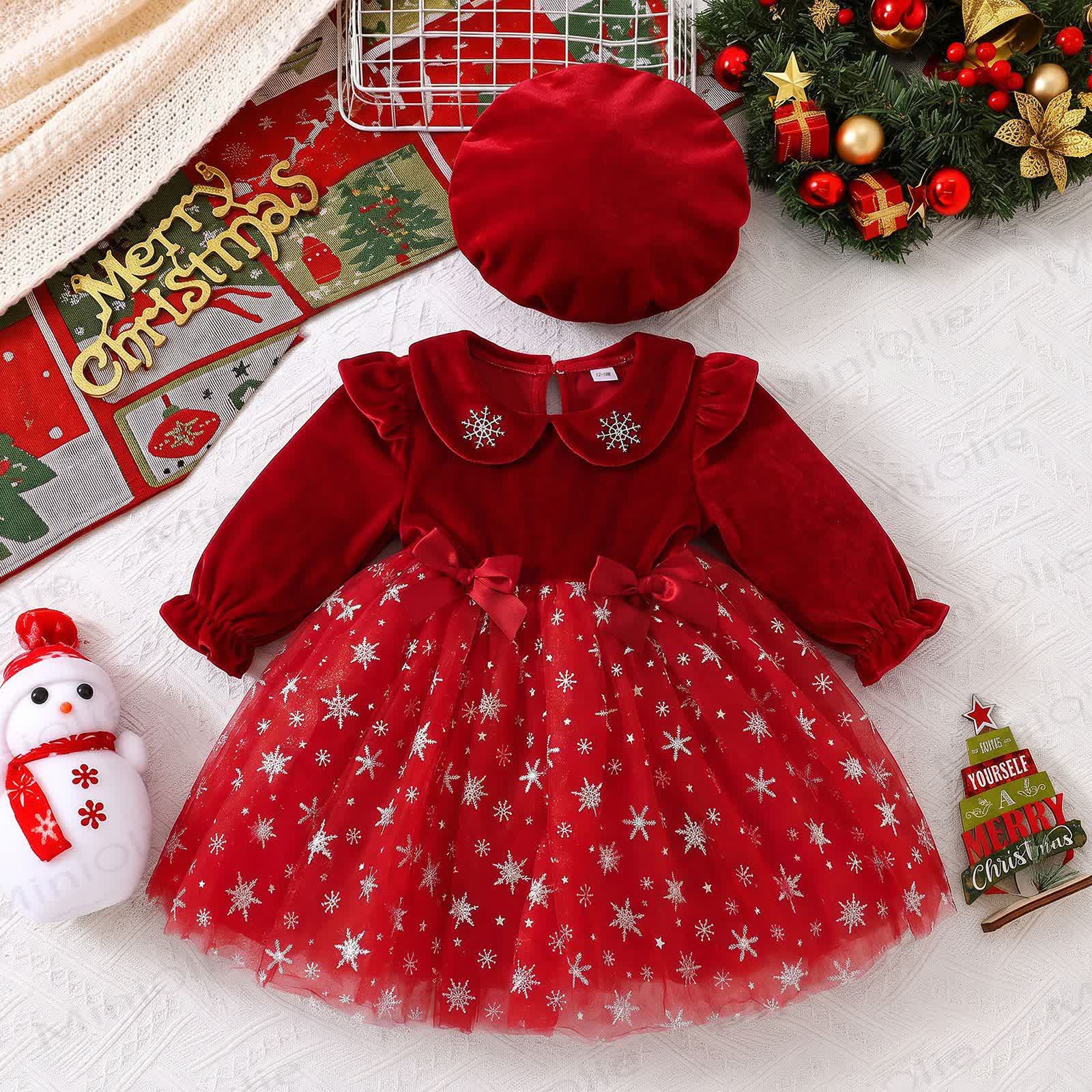 Baby Toddler Girl Snowflake Collar Tulle Dress Set With Beret - Red - 4-5T - image 1