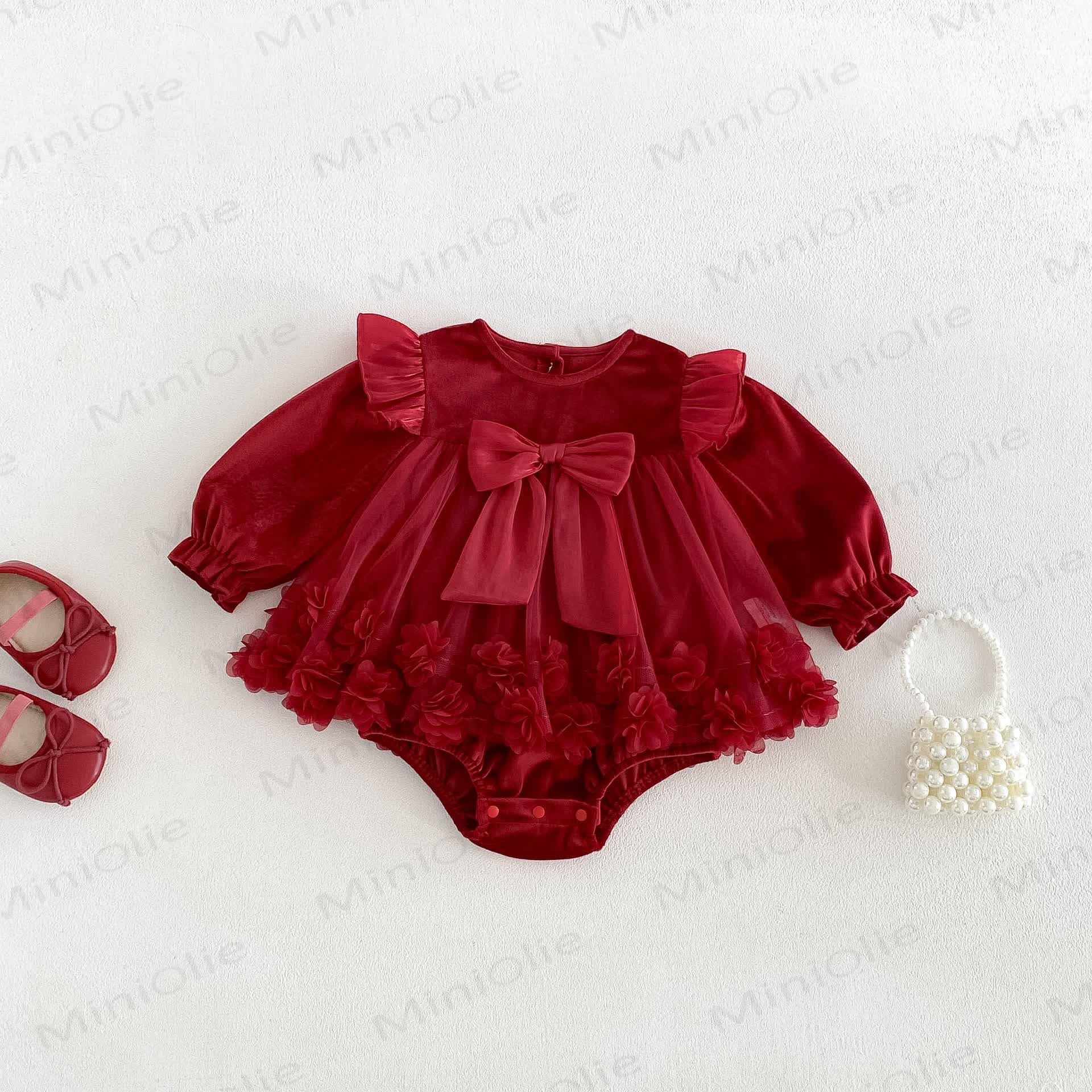 Baby Girl Bow Ruffle Red Dress Bodysuit - Red - 18-24M - image 1