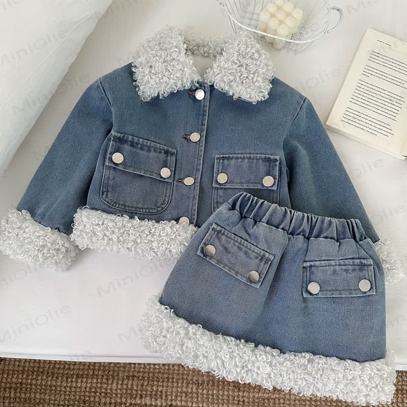 Toddler Cozy Blue Sherpa Trim Denim Jacket and Skirt Set - Blue - 8-9T - image 1