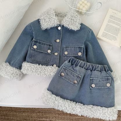 Toddler Cozy Blue Sherpa Trim Denim Jacket and Skirt Set - Blue - 8-9T - image 1