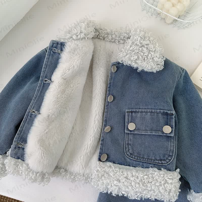 Toddler Cozy Blue Sherpa Trim Denim Jacket and Skirt Set - image 4