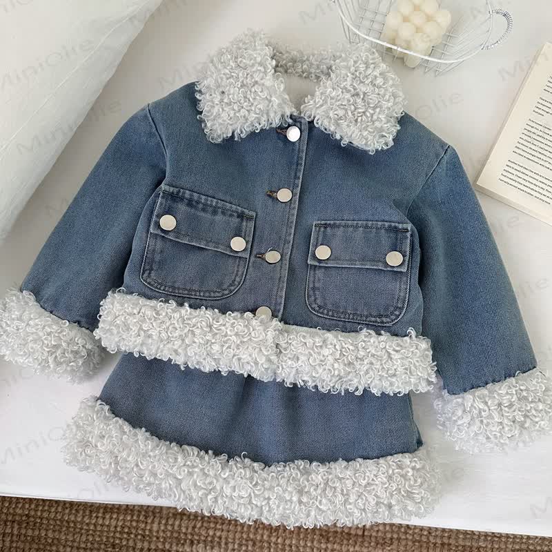 Toddler Cozy Blue Sherpa Trim Denim Jacket and Skirt Set - image 2