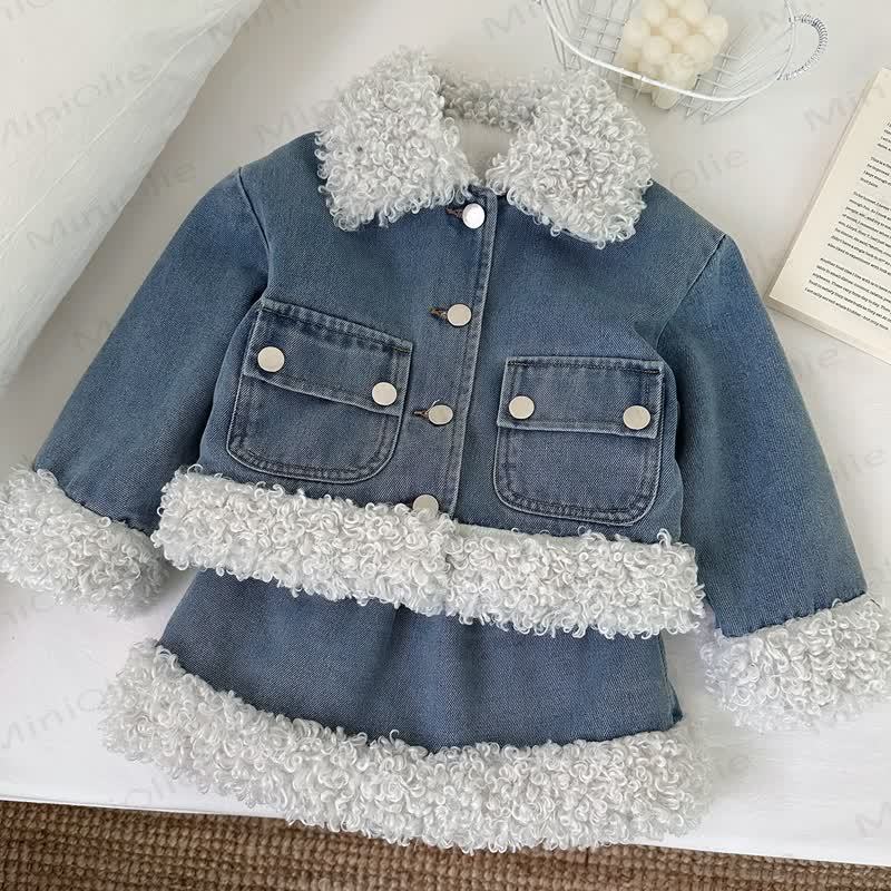 Toddler Cozy Blue Sherpa Trim Denim Jacket and Skirt Set - image 2